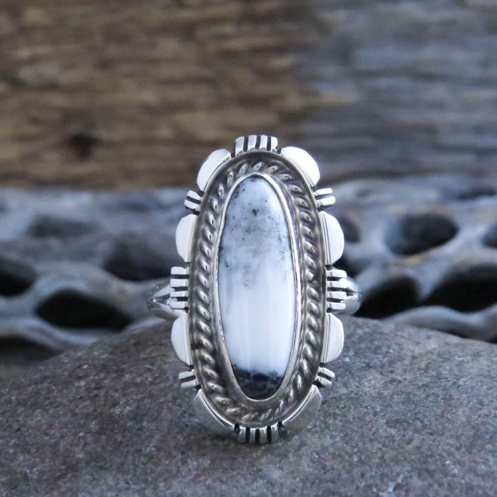 Native American Navajo Sterling Silver White Buffalo Long Statement Ring Size 7